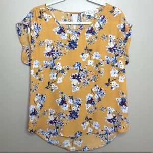 Pink Rose Blouse Mustard Floral Print EUC Large